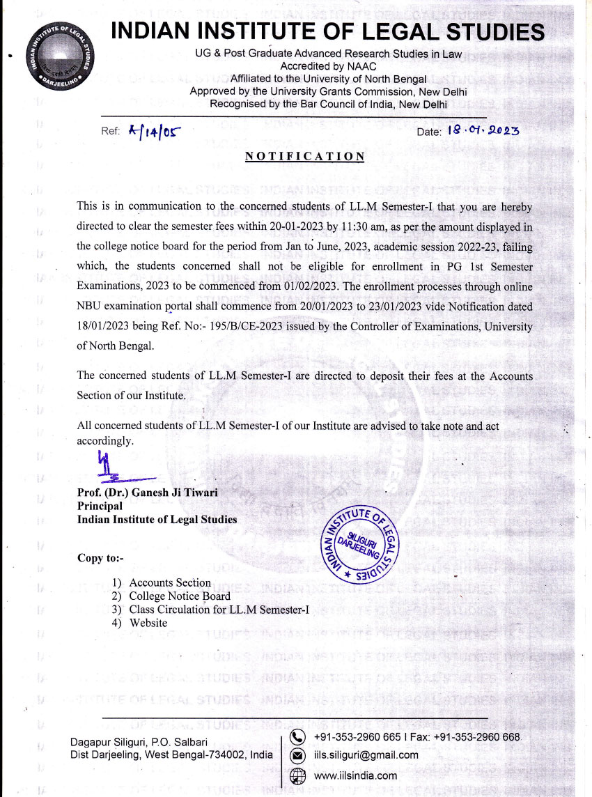 NOTICE FOR LL.M SEM-I FEE PAYMENT