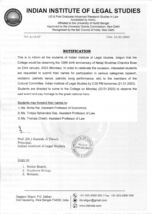 Notice for Birth Anniversary Celebration of Netaji Subhas Chandra Bose