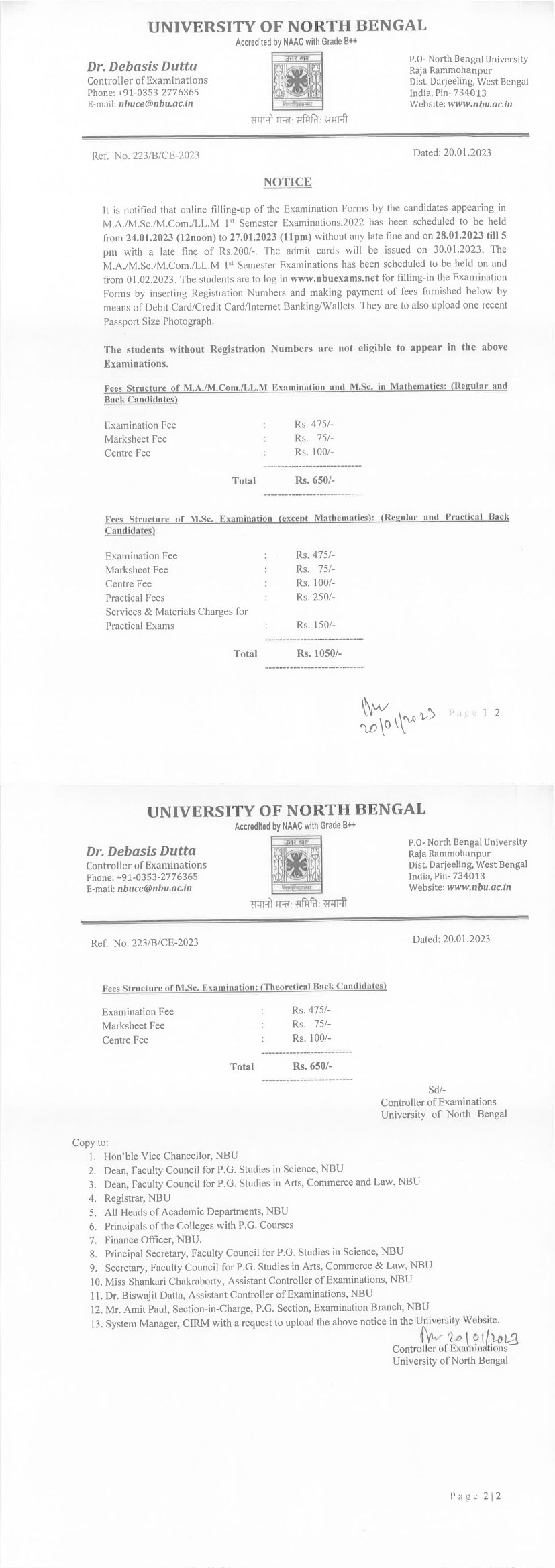 NBU Notice of LL.M-I For Examination Form Fill Up