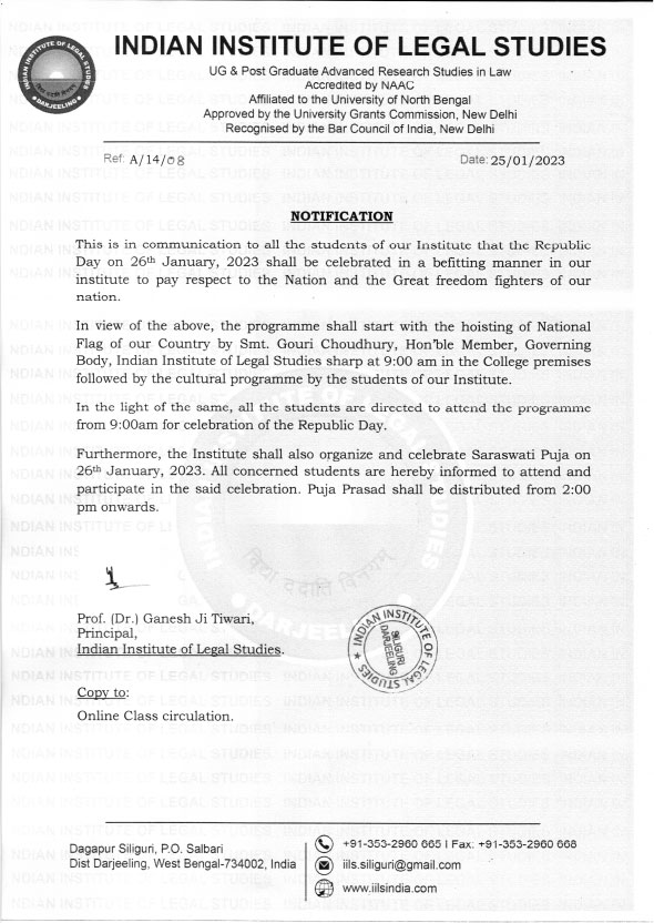 Notification for Students (Republic Day & Saraswati Puja)