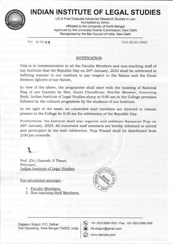 Notification for All Staff Members (Republic Day & Saraswati Puja)