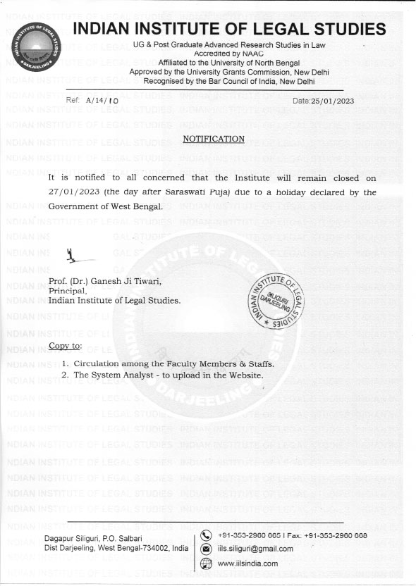 Notification of Holiday