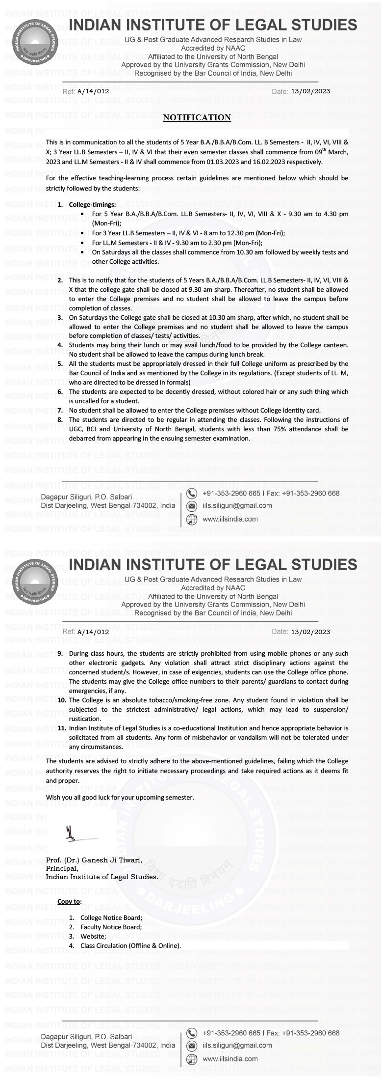 Notice for Class Commencement