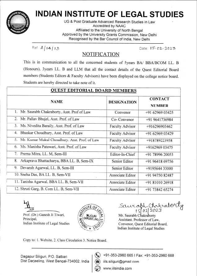 Notification of Quest Editorial Board Members