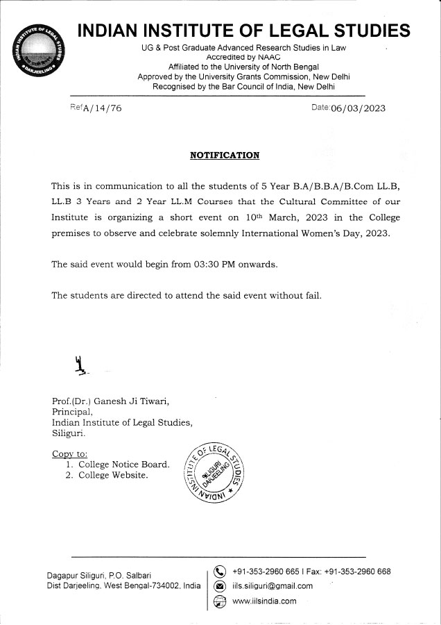 Notice for International Women's Day Celebration