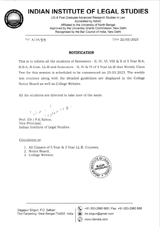 Notice for Weekly Test