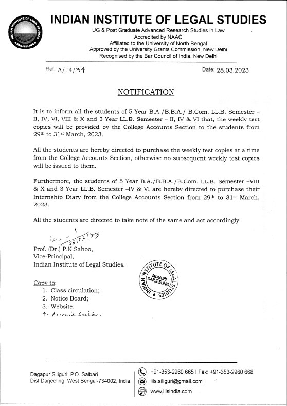 Notification for Test Copy & Internship Diary