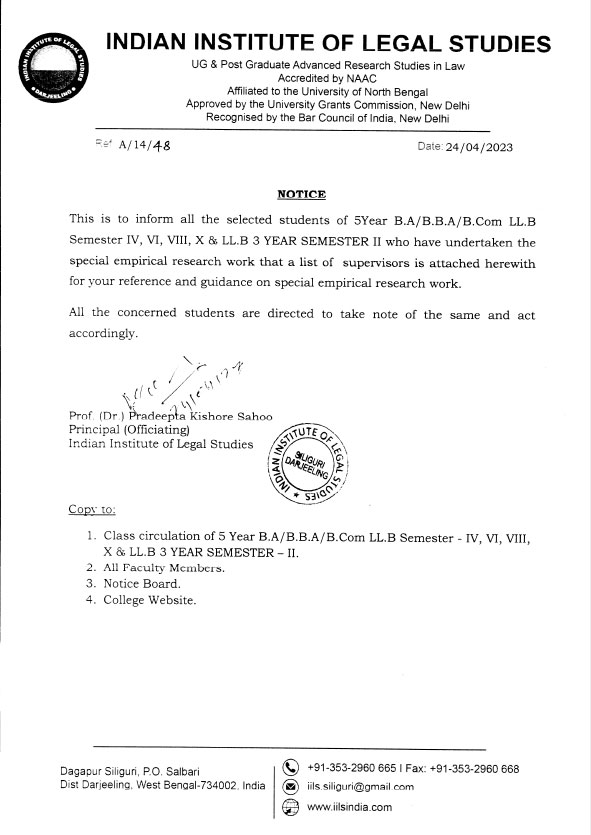 Notice for Special Empirical Research Work Student Shortlist