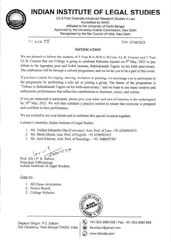 Notification for Rabindra Jayanti