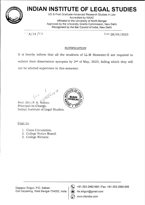 Notice for LL.M SEM-II Dissertation Synopsis Submission