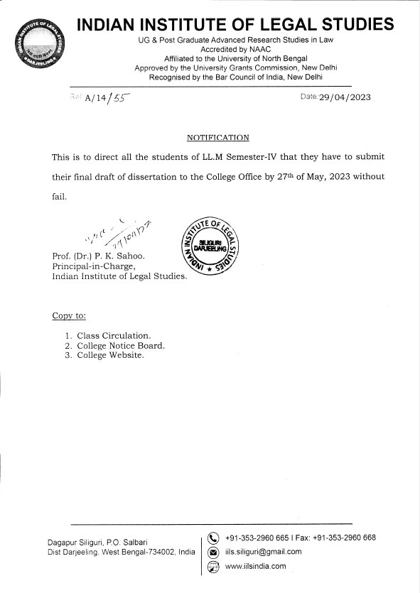Notice for LL.M SEM-IV Dissertation Synopsis Submission