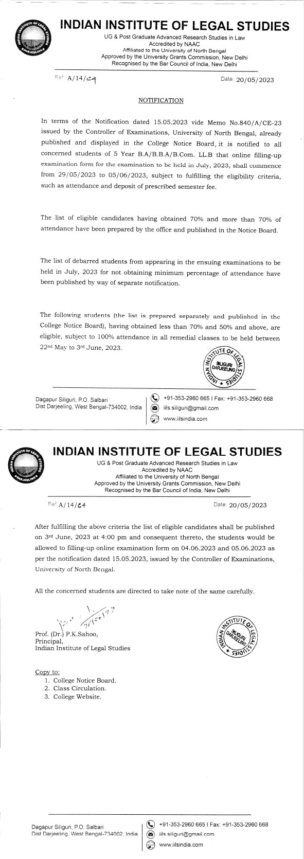 Notice for Examination Form Fill-up
