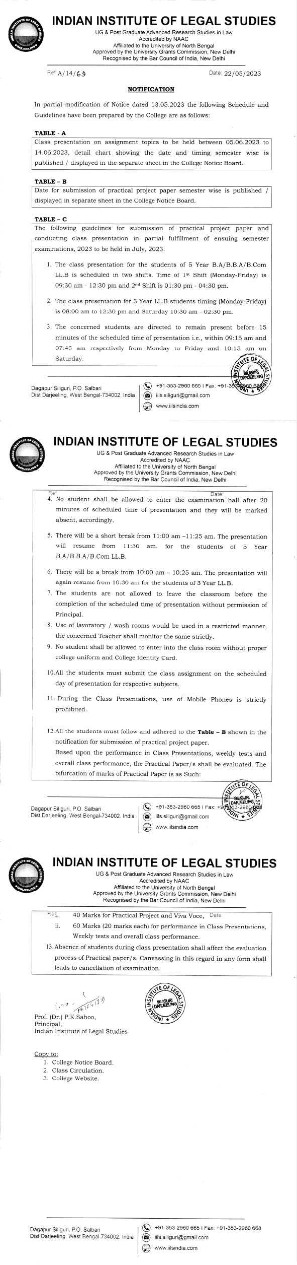 Notification Regarding Class Presentation on Assignment Topics and Date for Submission of Practical Paper