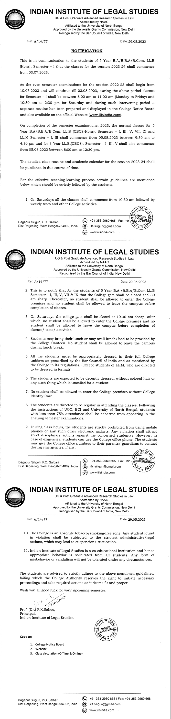 Notice Regarding Commencement of Classes - Session-2023-24