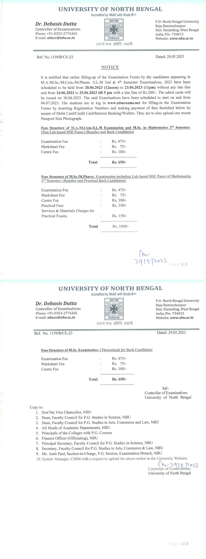 NBU Notice for LL.M Examination July 2023 Form Fill Up