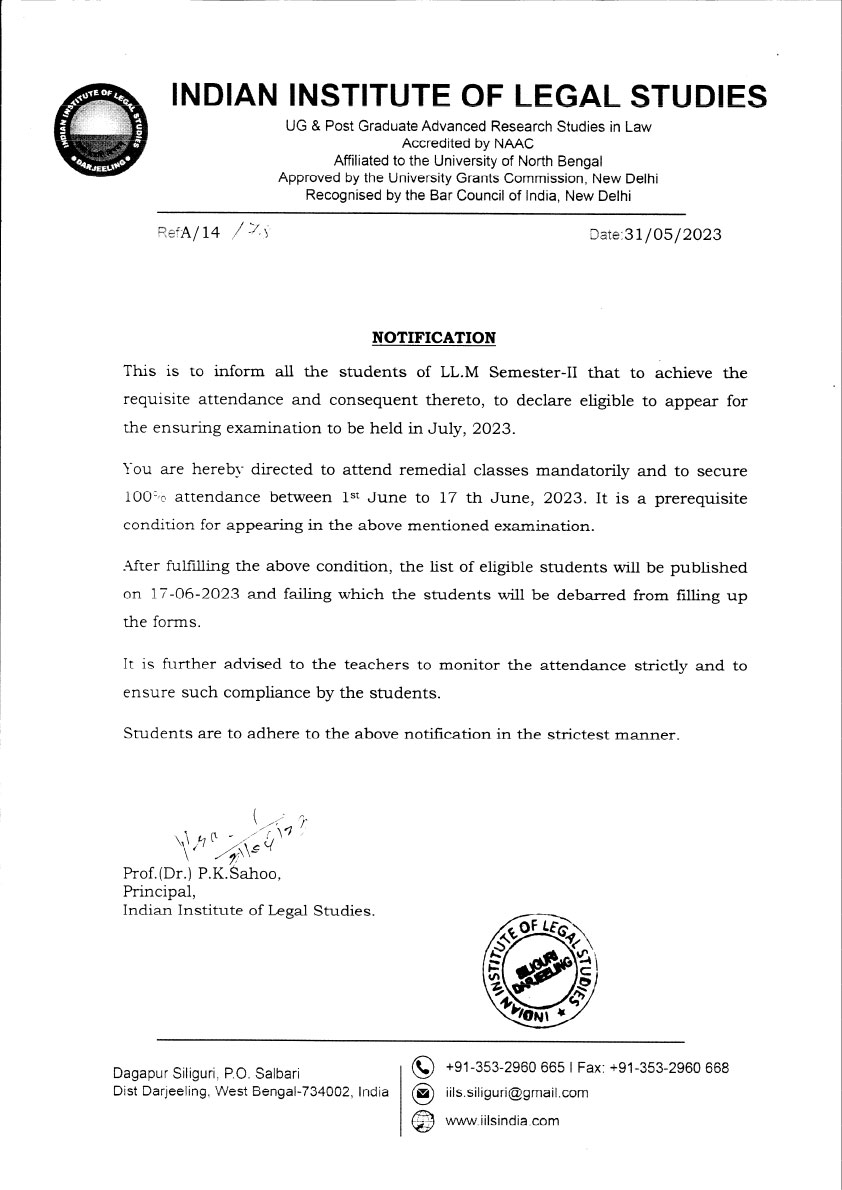 Notice for Remedial Classes of LLM
