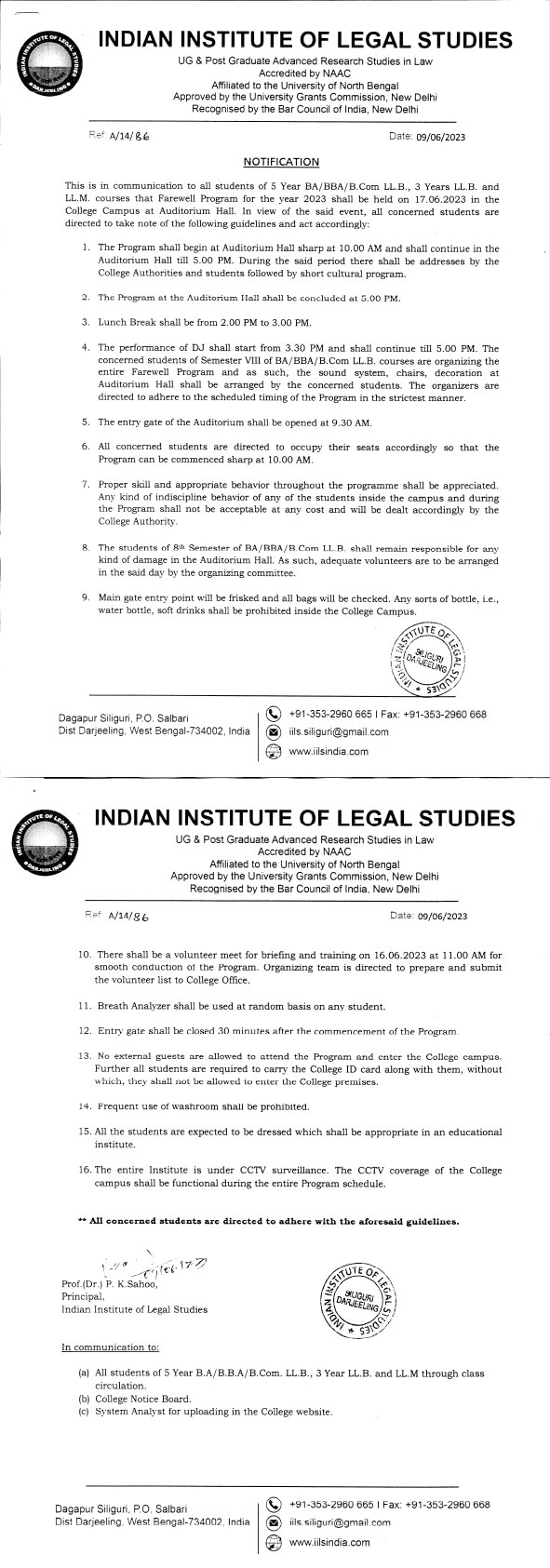 Notice for Farewell Program Guidelines