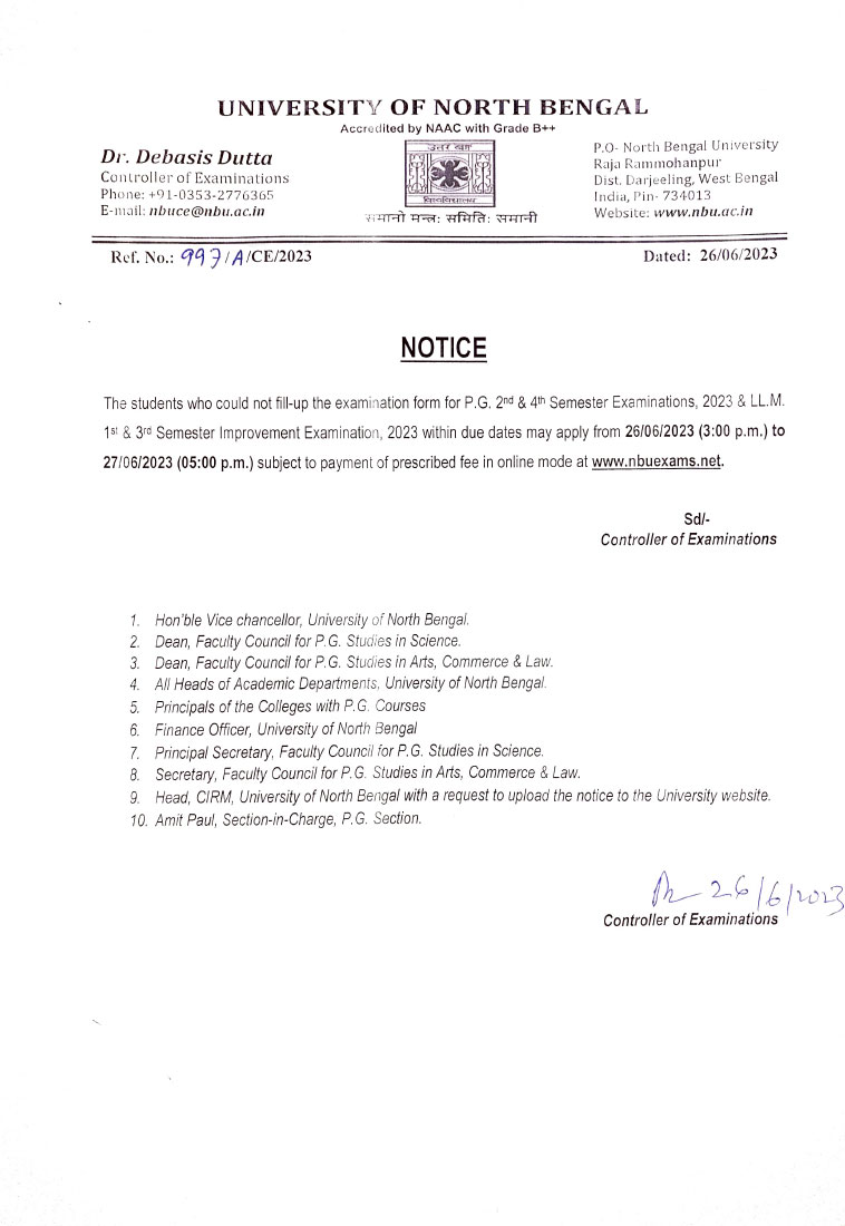 NBU Notification for LL.M Exam Form Fill Up Extended Date