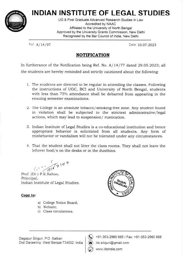 Notice for Students Regarding College Guidelines