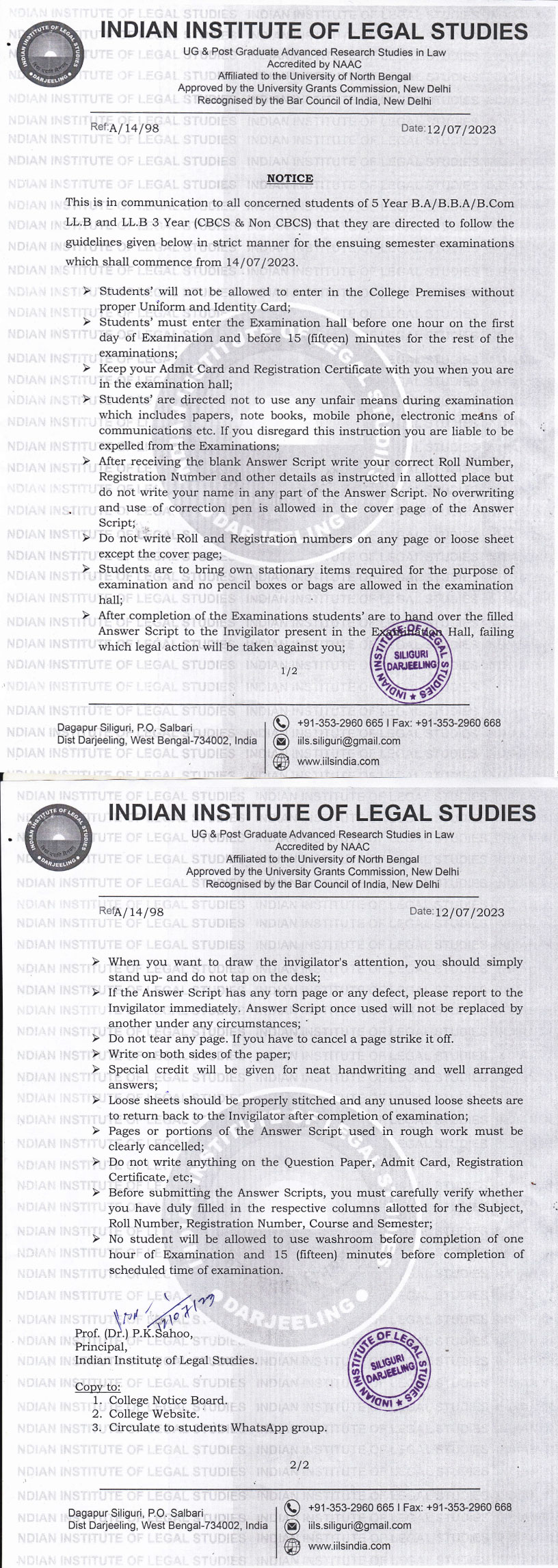 Notice for Examination Guidelines