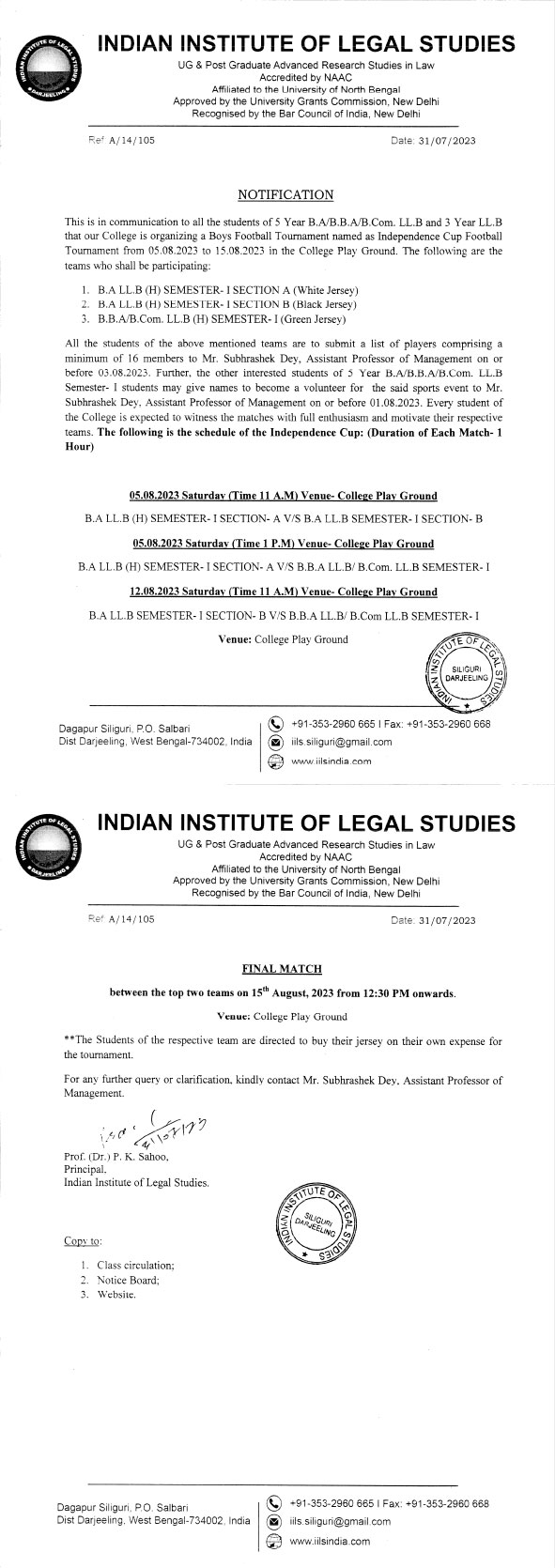 Notice for Independence Cup Football Tournament