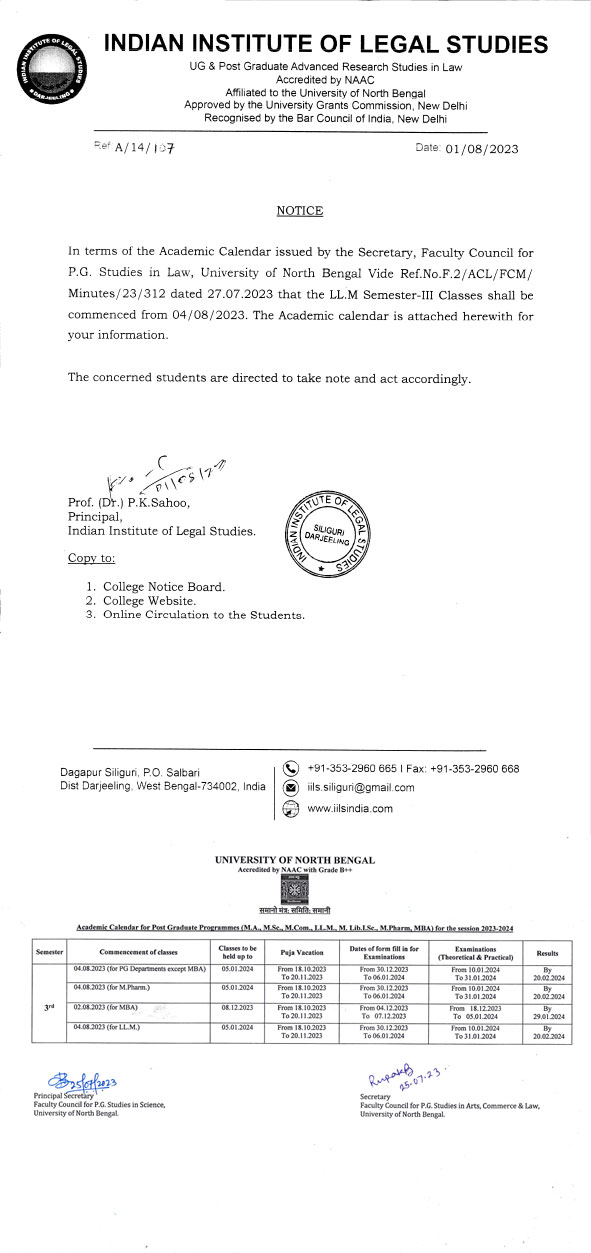 Notice For Academic Calendar