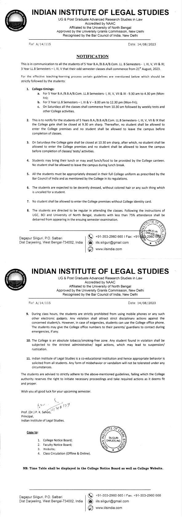 Notice for Commencement of Classes