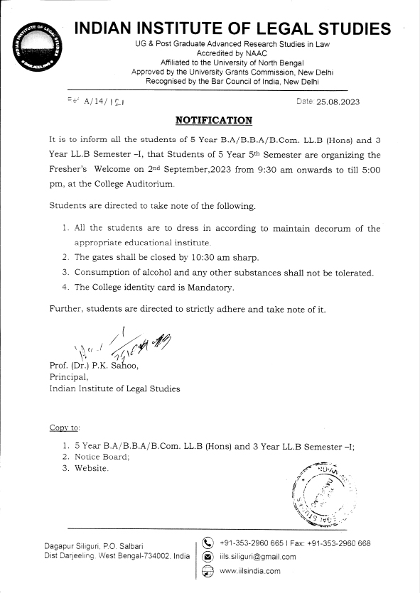 Notice for Freshers Welcome Programme