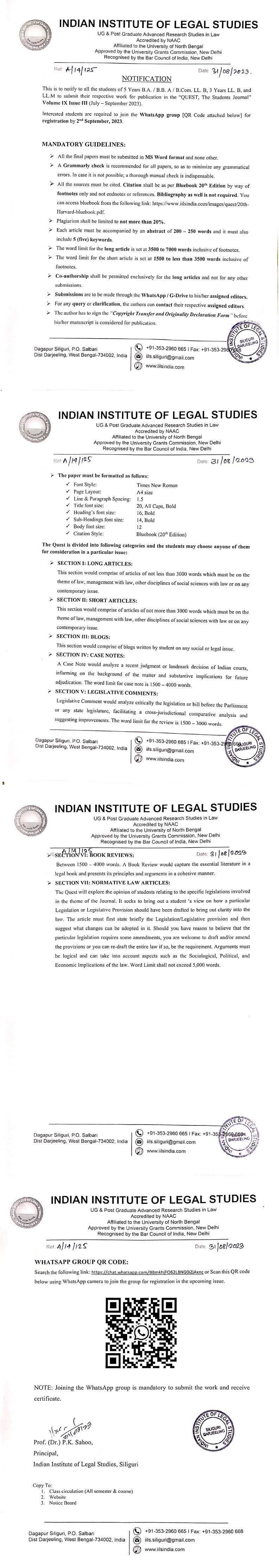 Notice for QUEST (Volume-IX Issue-III)