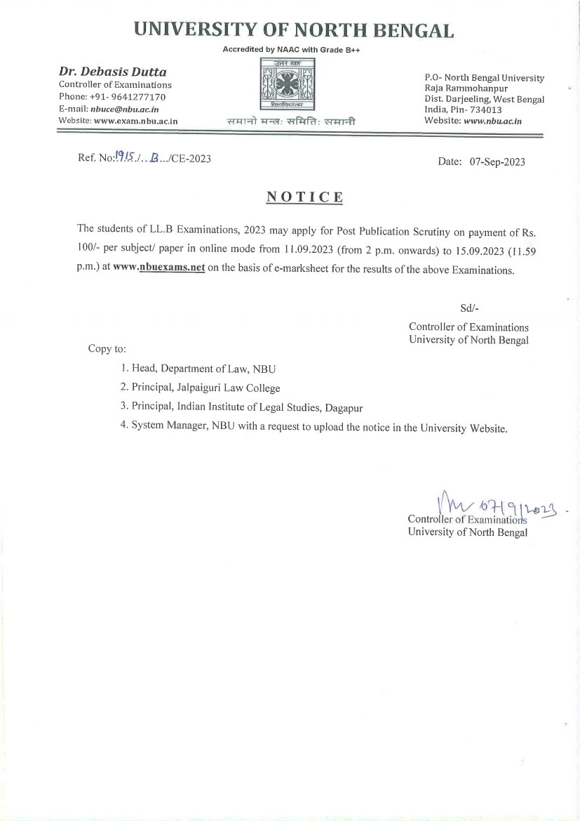 NBU-Notification for Scrutiny, July 2023 Examinations