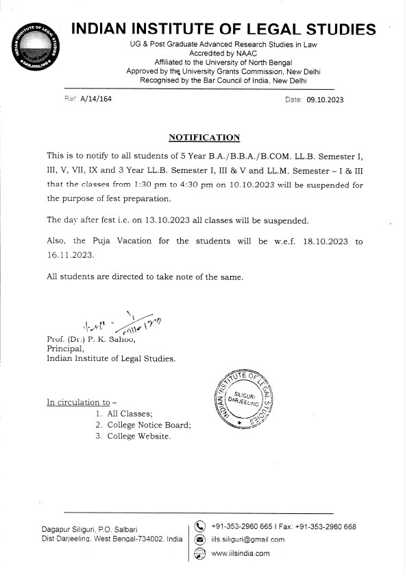 Notice for Fest & Puja Vacation