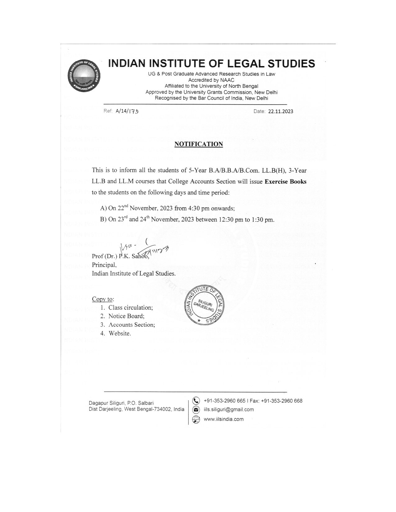 Notice Regarding College Account Section will issue Exercise Books