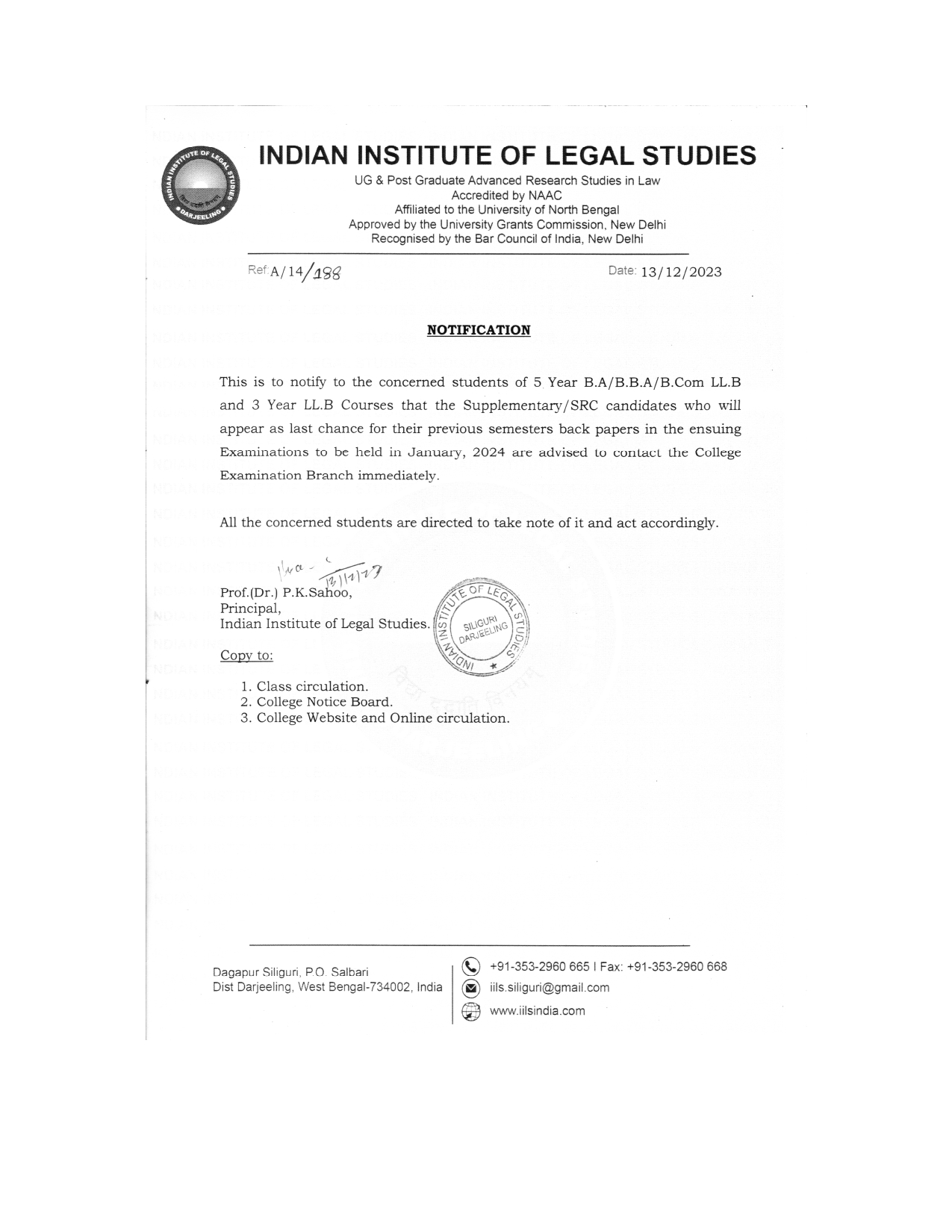 Notice Regarding 5 Year B.A/B.B.A/B.Com LL.B and 3 Year LL.B Courses