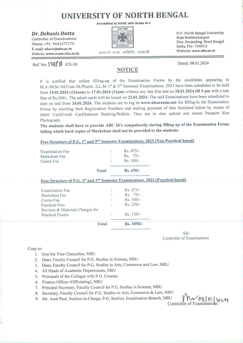 Notice for LLB Examination Form Filling