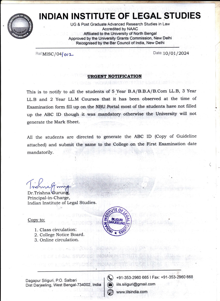 Notice for ABC ID fillup on Examination Form