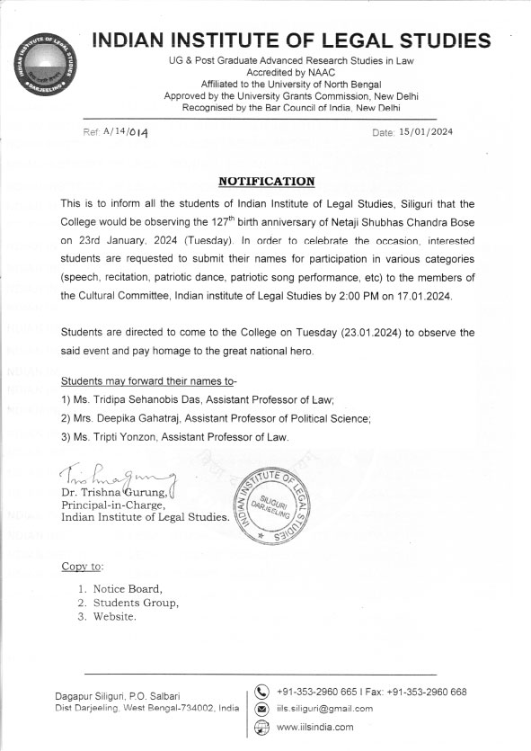 Notice for Netaji Subhas Chandra Bose's Birth Anniversary Observation