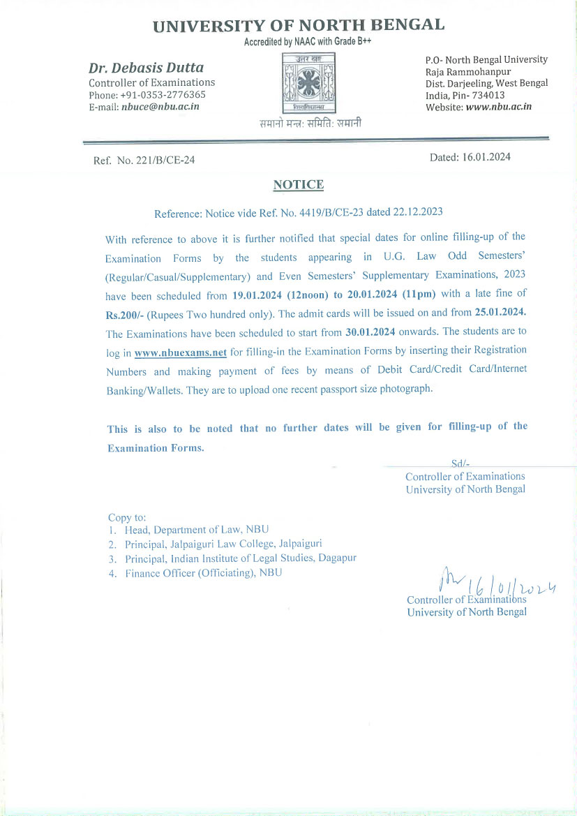 NBU Notice for Special Date of Filling-up Examination Form Registration