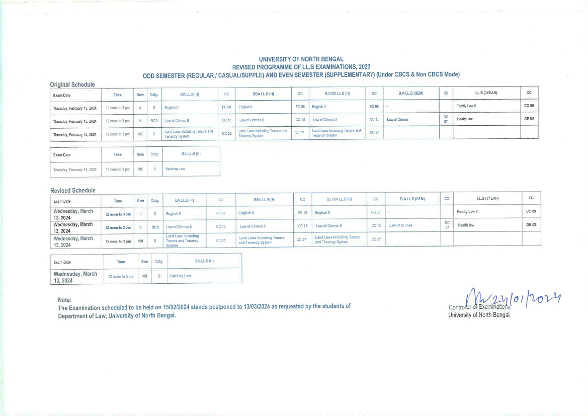NBU LL.B Examinations Revised Program Schedule