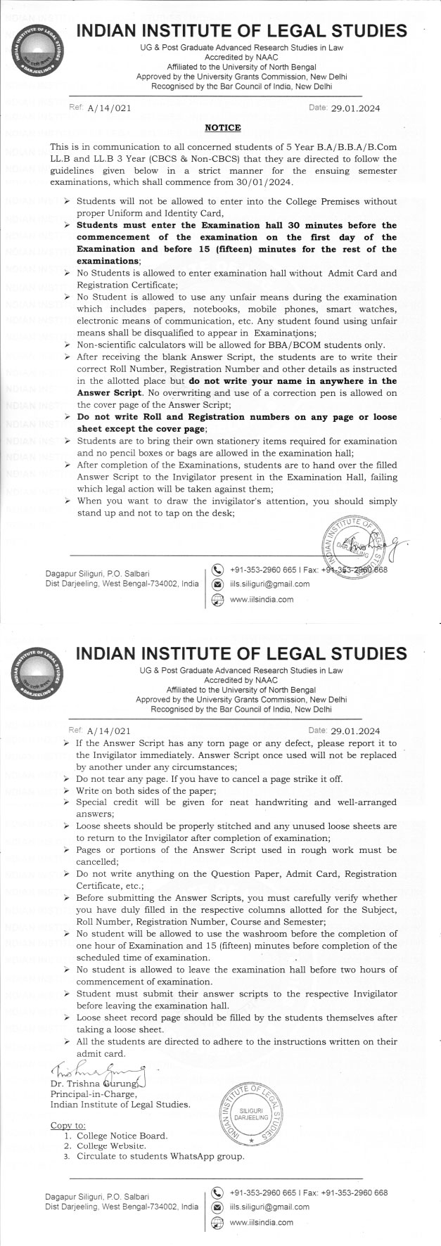 Notice for Examination Guidelines January 2024