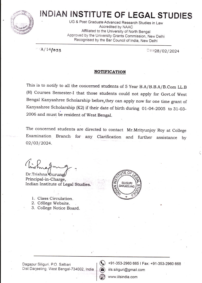 Notice for Kanyashree Scholarship (K2)