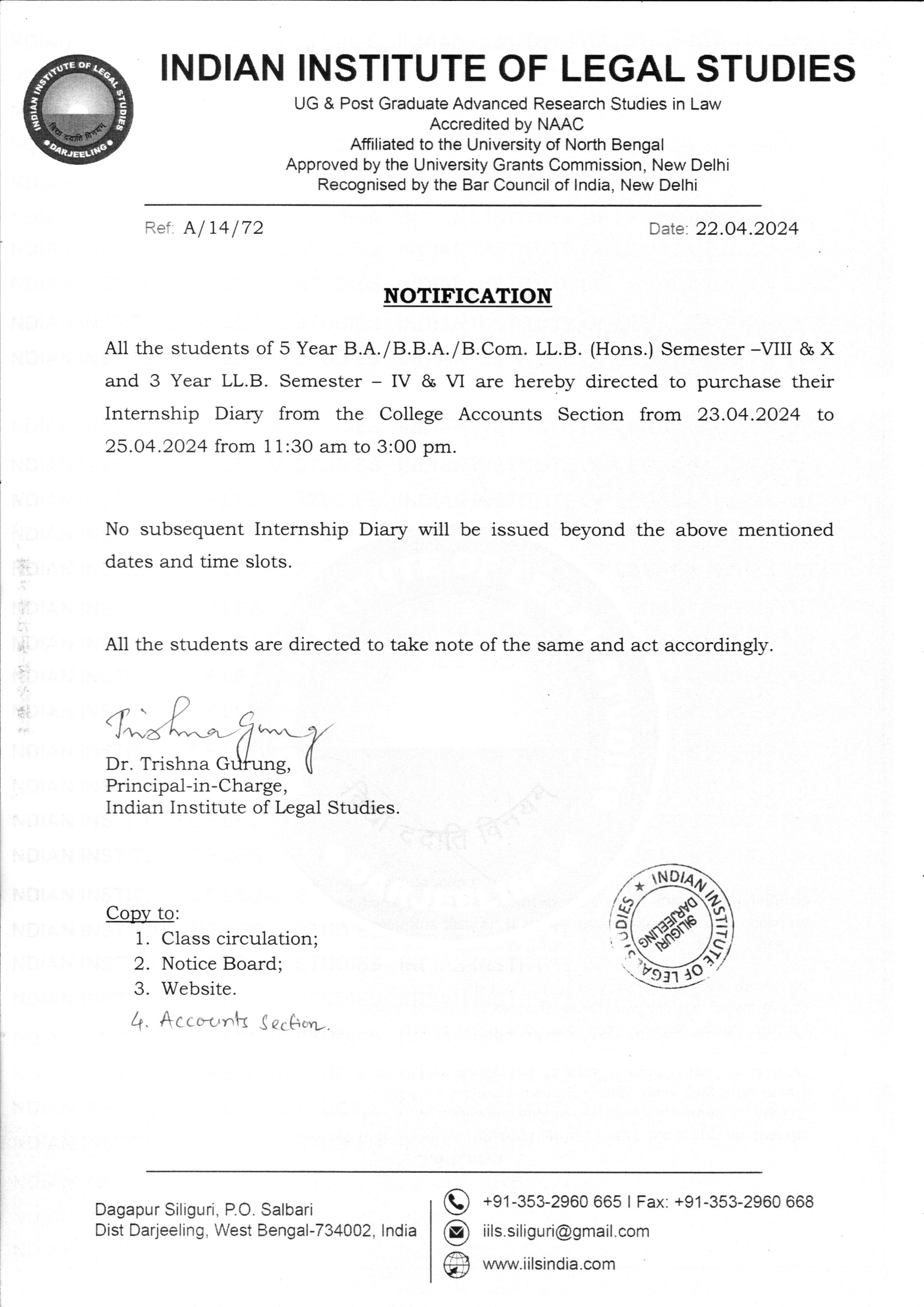 Notice for Internship Diary