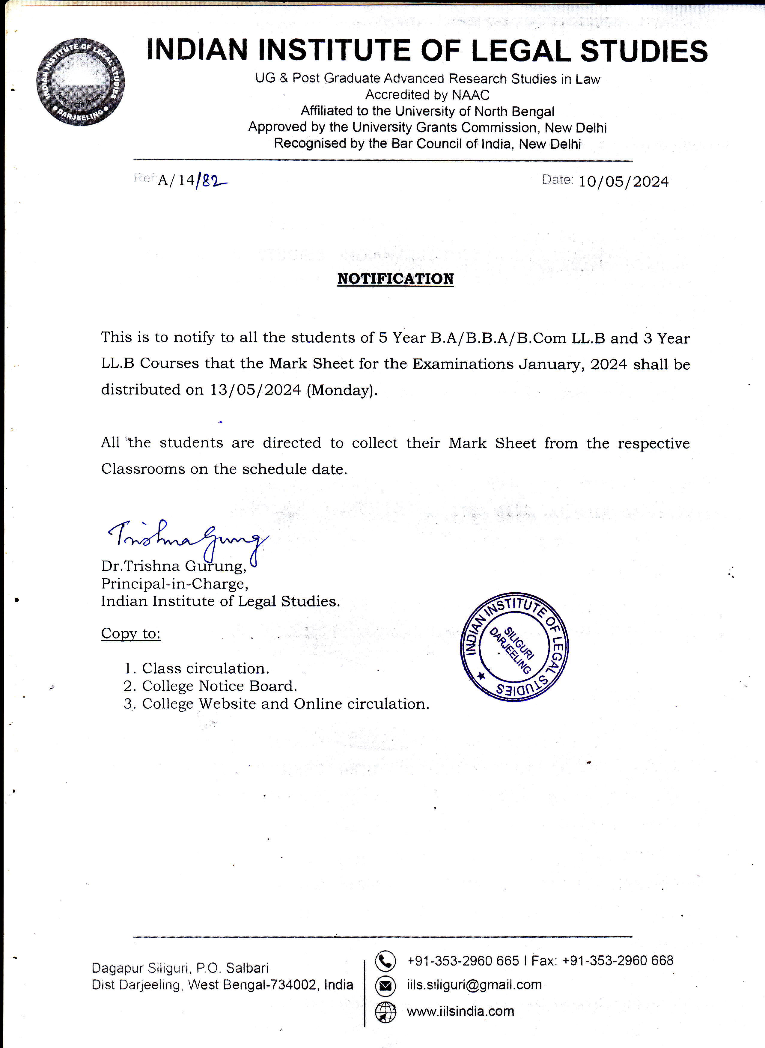 Notice for Marksheet Distribution