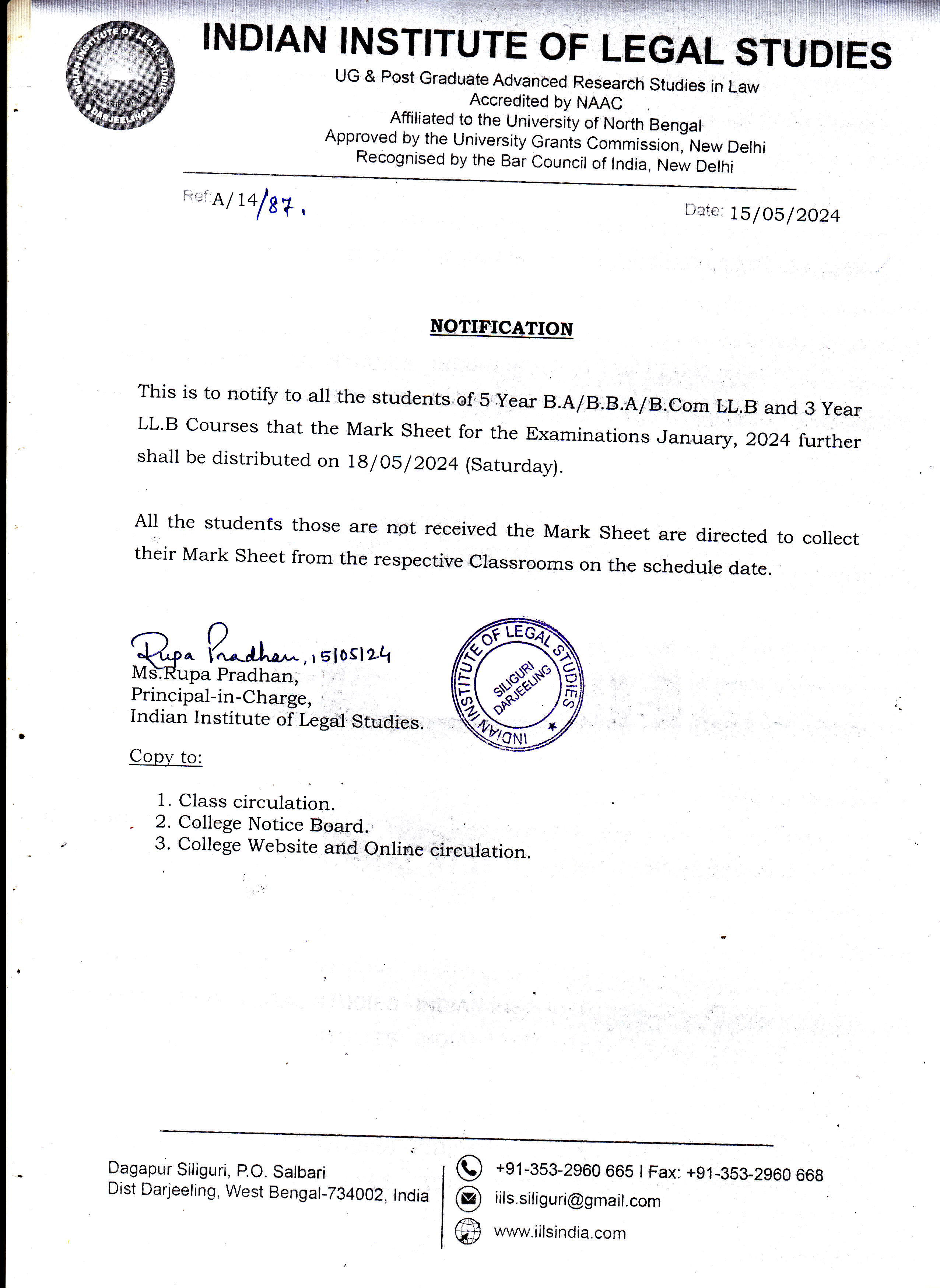 Notice for Marksheet Distribution on 18-05-2024