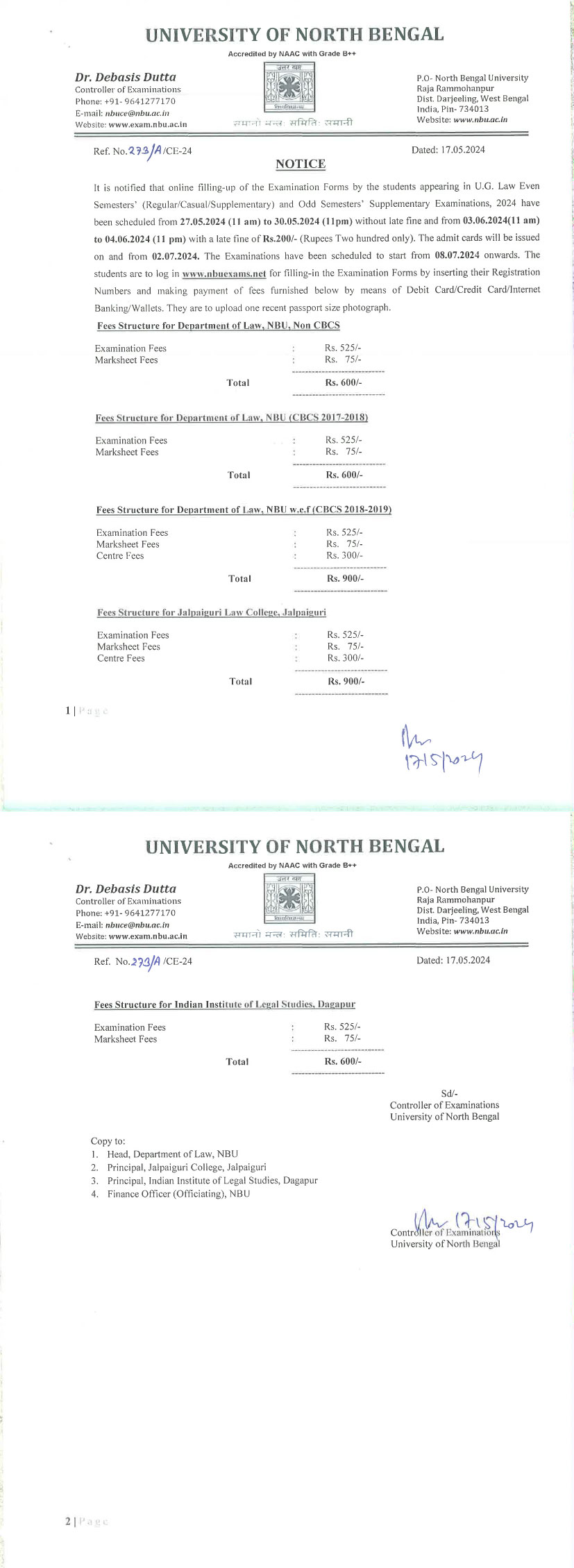 NBU Notice for Examinations July 2024 Form Fill-Up