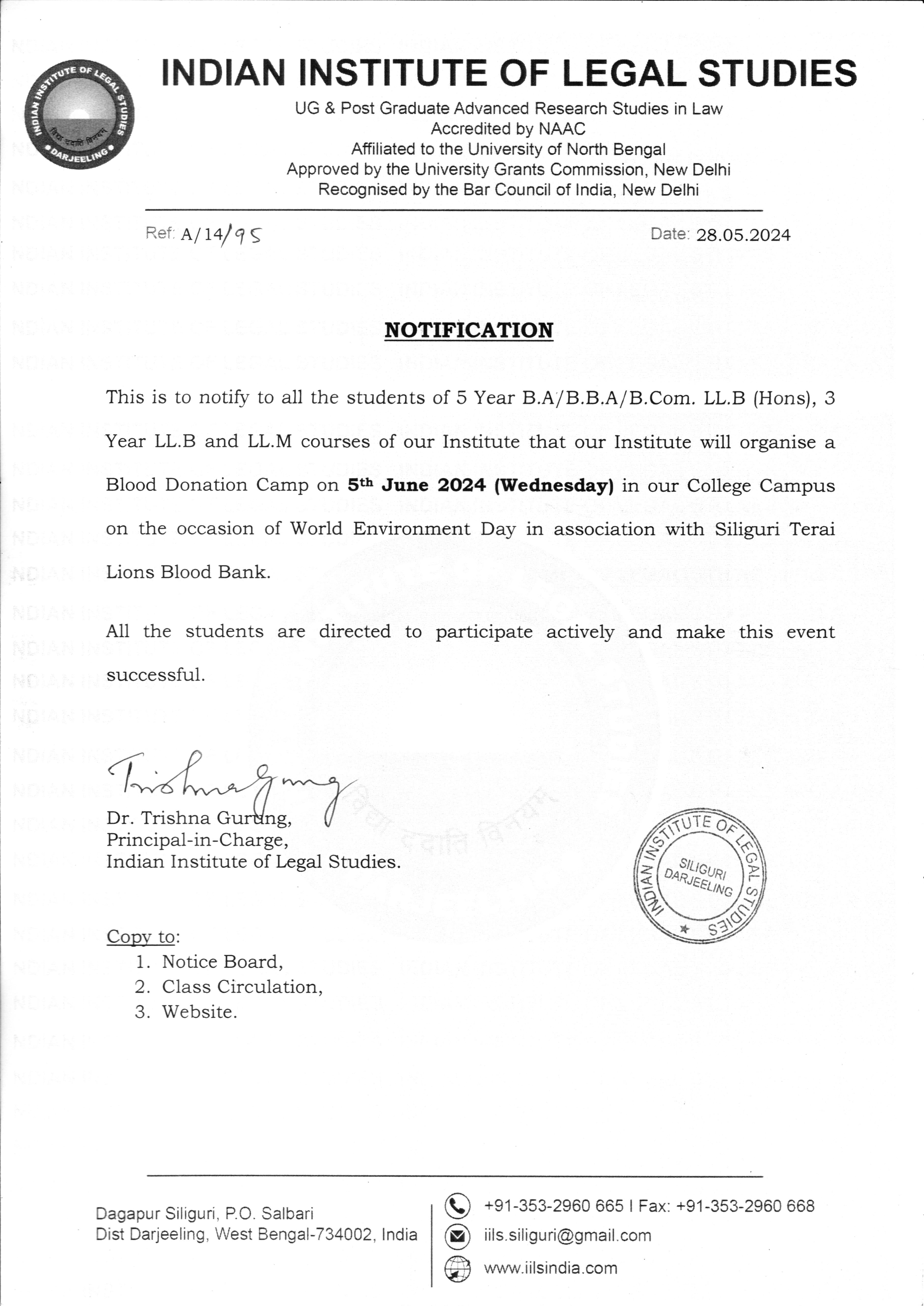 Notice Regarding Blood Donation Camp 05-06-2024