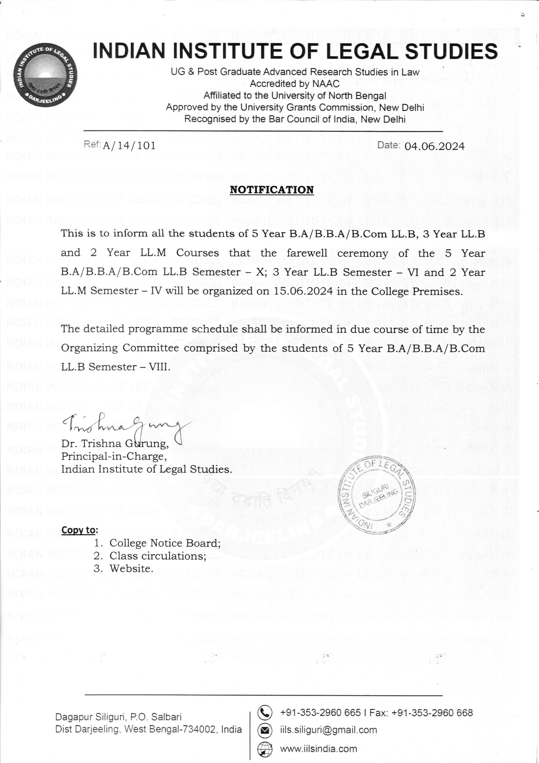 Notice Regarding Farewell Caremony - 2024