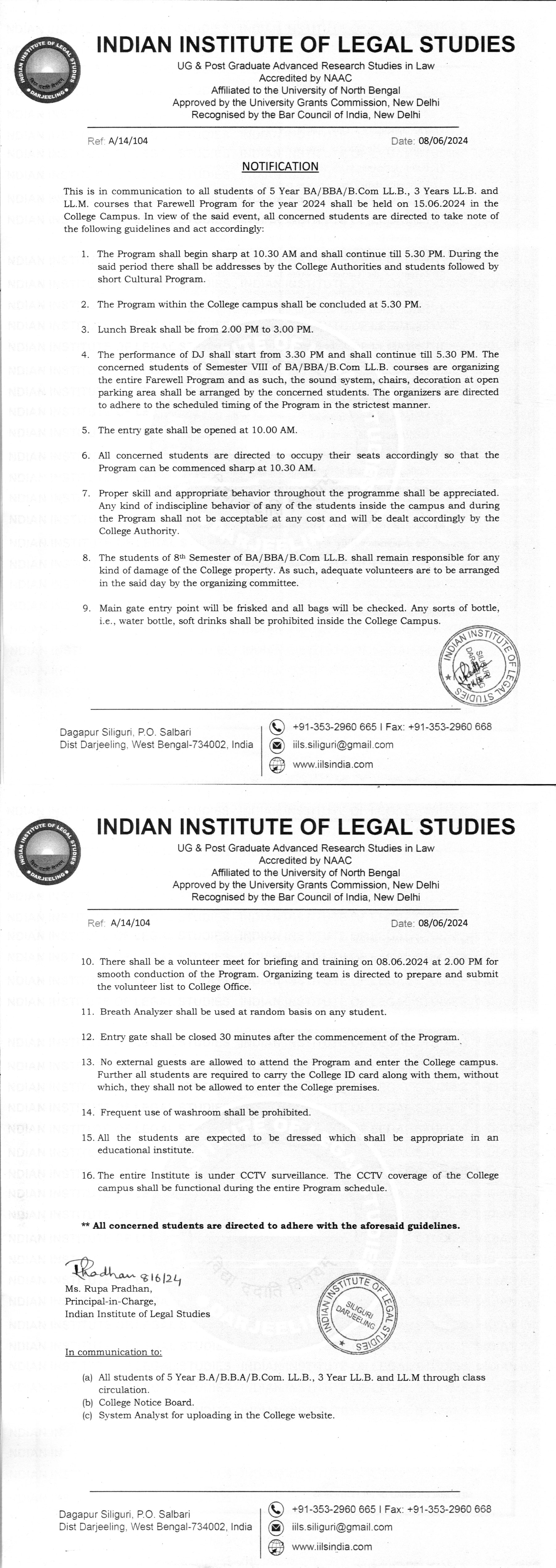 Notification (Guidelines For The Farewell Program)