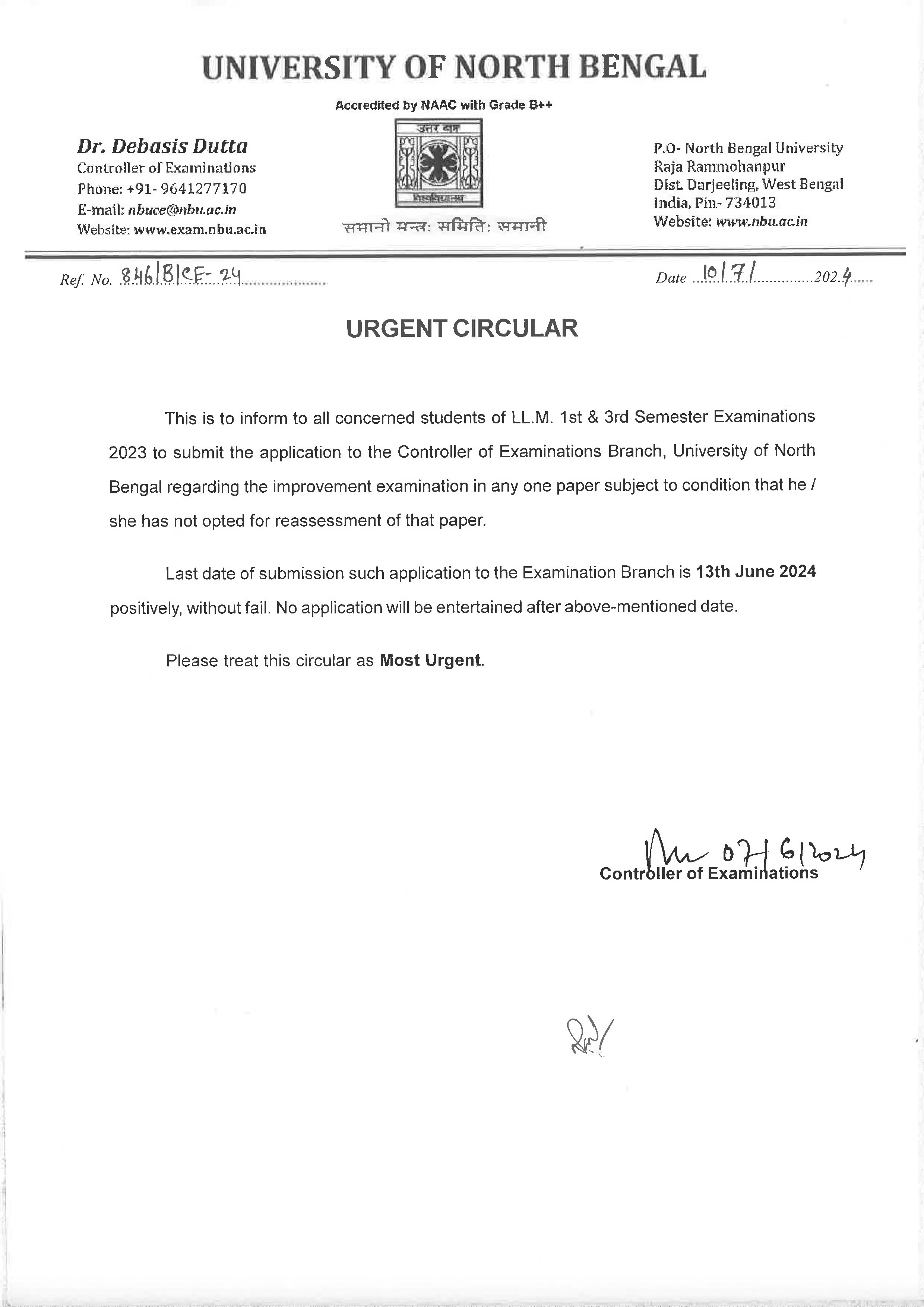 LL.M Urgent Notification For Improvement Application