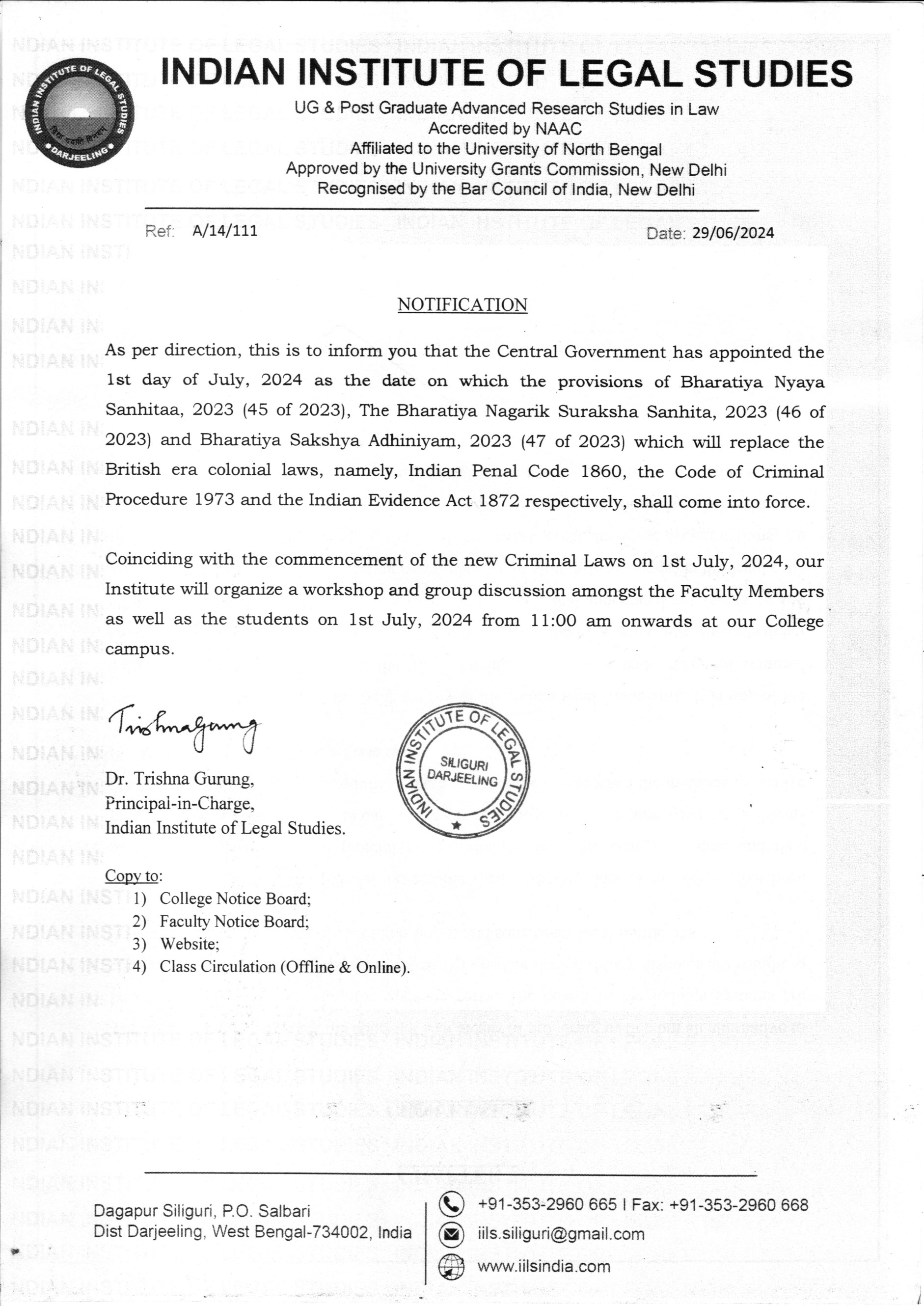 Notice for Workshop on 01-07-2024