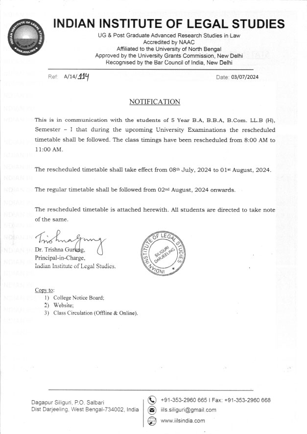 Notice of Rescheduled Time Table w.e.f. 08.07.2024